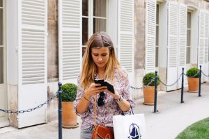 Girl with shopping bags, texting